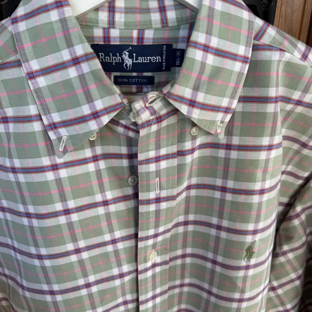 Polo Ralph Lauren Shirt Mens 16 1/2-35 Green Purple Plaid Easter‎ Dress Shirt - Picture 3 of 5